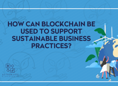 Infographic illustrating the application of blockchain technology in sustainable business practices, with icons representing renewable energy, planting trees, and global collaboration.